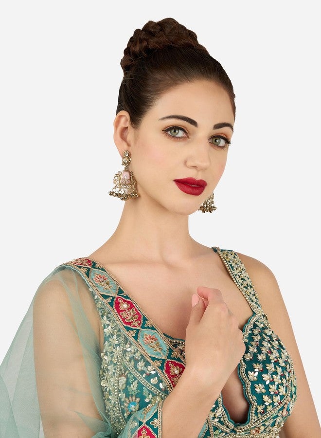 Zaveri Pearls أقراط متدلية مطلية بطبقة عتيقة مستوحاة من طاووس، مرصعة بحجر وردي من زافيري بيرلز - ZPFK21991 - Image 3