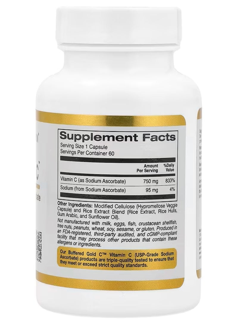California Gold Nutrition Buffered Gold C Gold Standard Sodium Ascorbate Vitamin C 750 Mg 60 Veggie Capsules  - Image 2