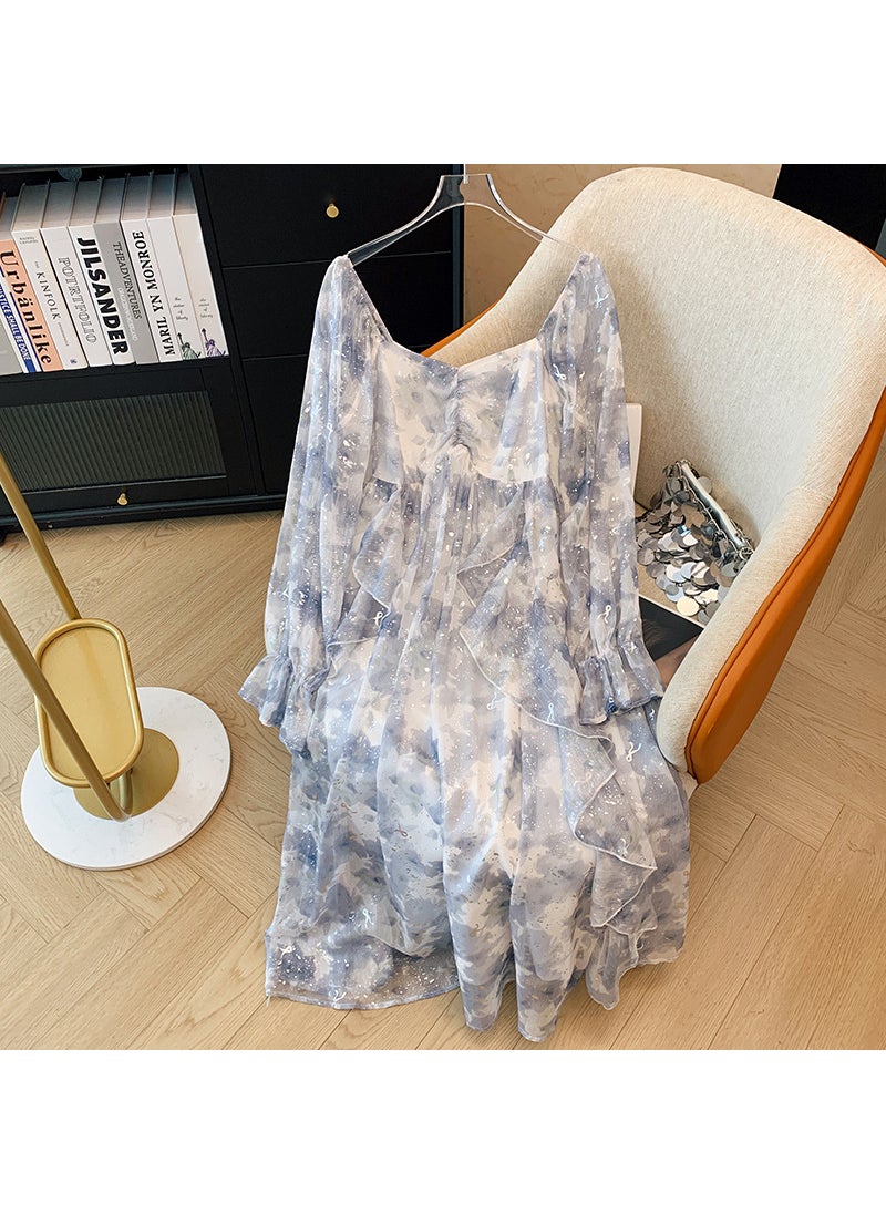 Generic Plus Size Womens Ruffle Print Dress  Cardigan Set Spring Autumn Dress (shipped within 10 days) 