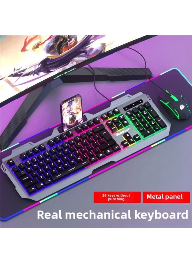 Real Mechanical Feel Keyboard And Mouse Suit Wired Electronic Competition Game Dedicated Keyboard And Mouse Computer Desktop USB External Office-Color:Black Metal Panel Keyboard + Luminous Mouse