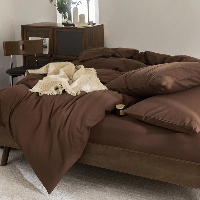 FOSSA Duvet Cover Set 100% Washed Cotton Linen Feel Super Soft Breathable Cozy 3 Pieces Bedding Sets Solid Chocolate Brown Queen - Image 5