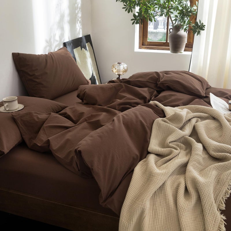 FOSSA Duvet Cover Set 100% Washed Cotton Linen Feel Super Soft Breathable Cozy 3 Pieces Bedding Sets Solid Chocolate Brown Queen - Image 2