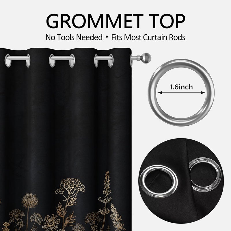 GOAOK Vintage Black and Gold Boho Blackout Curtains, Black and Tan Cream Floral Aesthetic Dark Wildflower Botanical Flowers Grommet Drapes 2 Panels, Farmhouse Chic Window Panels Darkening Curtain, 52x84 - Image 5