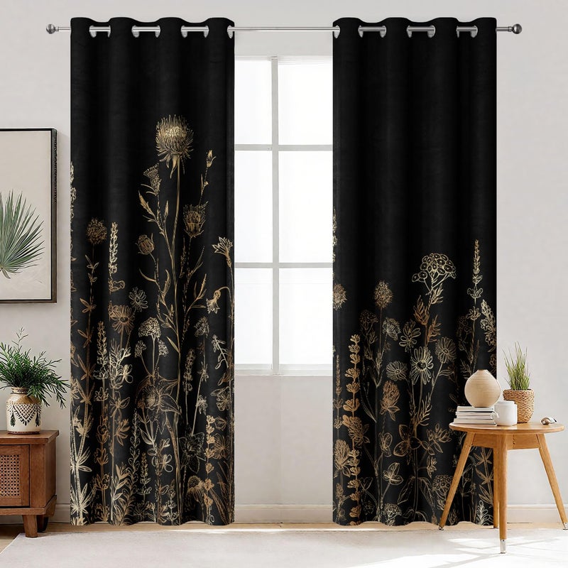 GOAOK Vintage Black and Gold Boho Blackout Curtains, Black and Tan Cream Floral Aesthetic Dark Wildflower Botanical Flowers Grommet Drapes 2 Panels, Farmhouse Chic Window Panels Darkening Curtain, 52x84 - Image 2