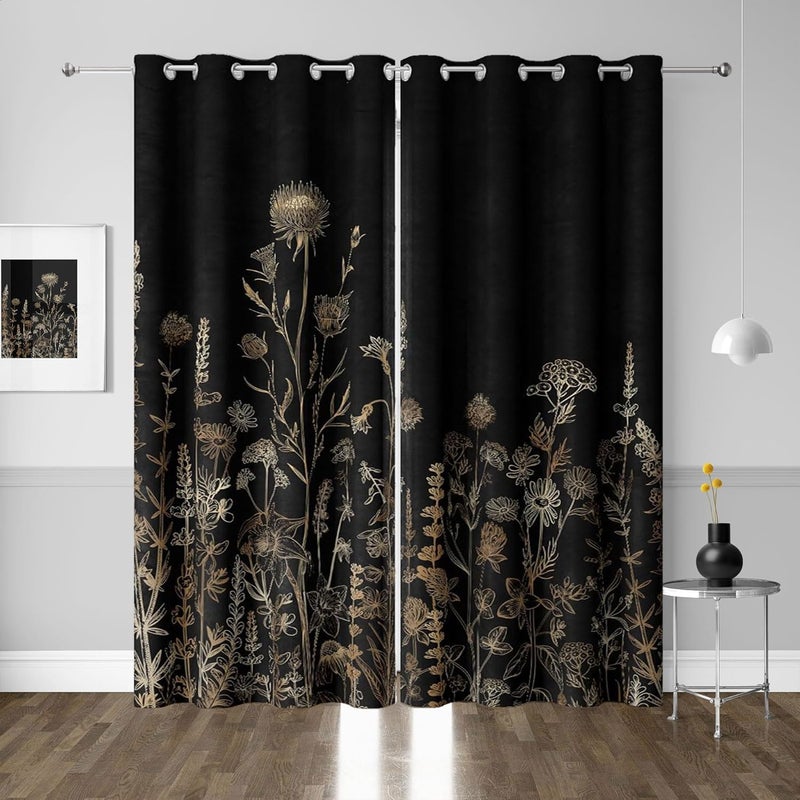 GOAOK Vintage Black and Gold Boho Blackout Curtains, Black and Tan Cream Floral Aesthetic Dark Wildflower Botanical Flowers Grommet Drapes 2 Panels, Farmhouse Chic Window Panels Darkening Curtain, 52x84 - Image 1