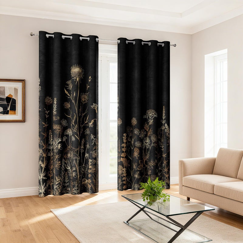 GOAOK Vintage Black and Gold Boho Blackout Curtains, Black and Tan Cream Floral Aesthetic Dark Wildflower Botanical Flowers Grommet Drapes 2 Panels, Farmhouse Chic Window Panels Darkening Curtain, 52x84 - Image 3