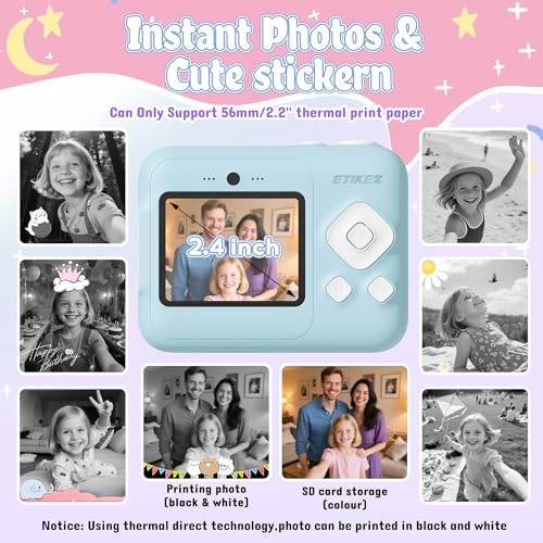 ETIKEZ Kids Camera, 1080P Instant Digital Print Camera for Kids, Christmas Birthday Gifts for 4 5 6 7 8 9 10 Year Old Girls Boys, Portable Toy with 32GB SD Card & 3 Rolls Printing Paper, Blue - Image 3