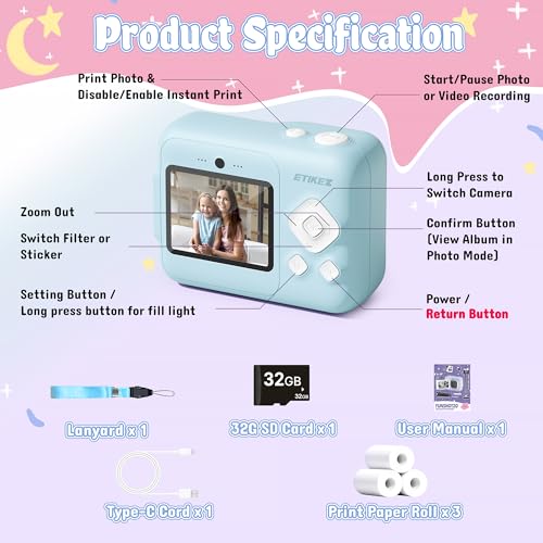 ETIKEZ Kids Camera, 1080P Instant Digital Print Camera for Kids, Christmas Birthday Gifts for 4 5 6 7 8 9 10 Year Old Girls Boys, Portable Toy with 32GB SD Card & 3 Rolls Printing Paper, Blue - Image 5