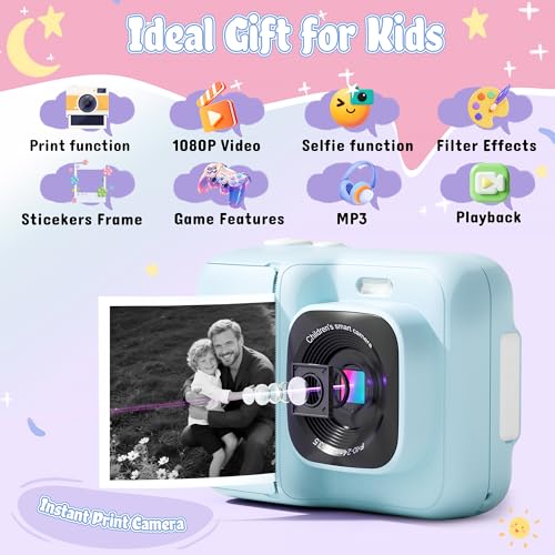 ETIKEZ Kids Camera, 1080P Instant Digital Print Camera for Kids, Christmas Birthday Gifts for 4 5 6 7 8 9 10 Year Old Girls Boys, Portable Toy with 32GB SD Card & 3 Rolls Printing Paper, Blue - Image 2
