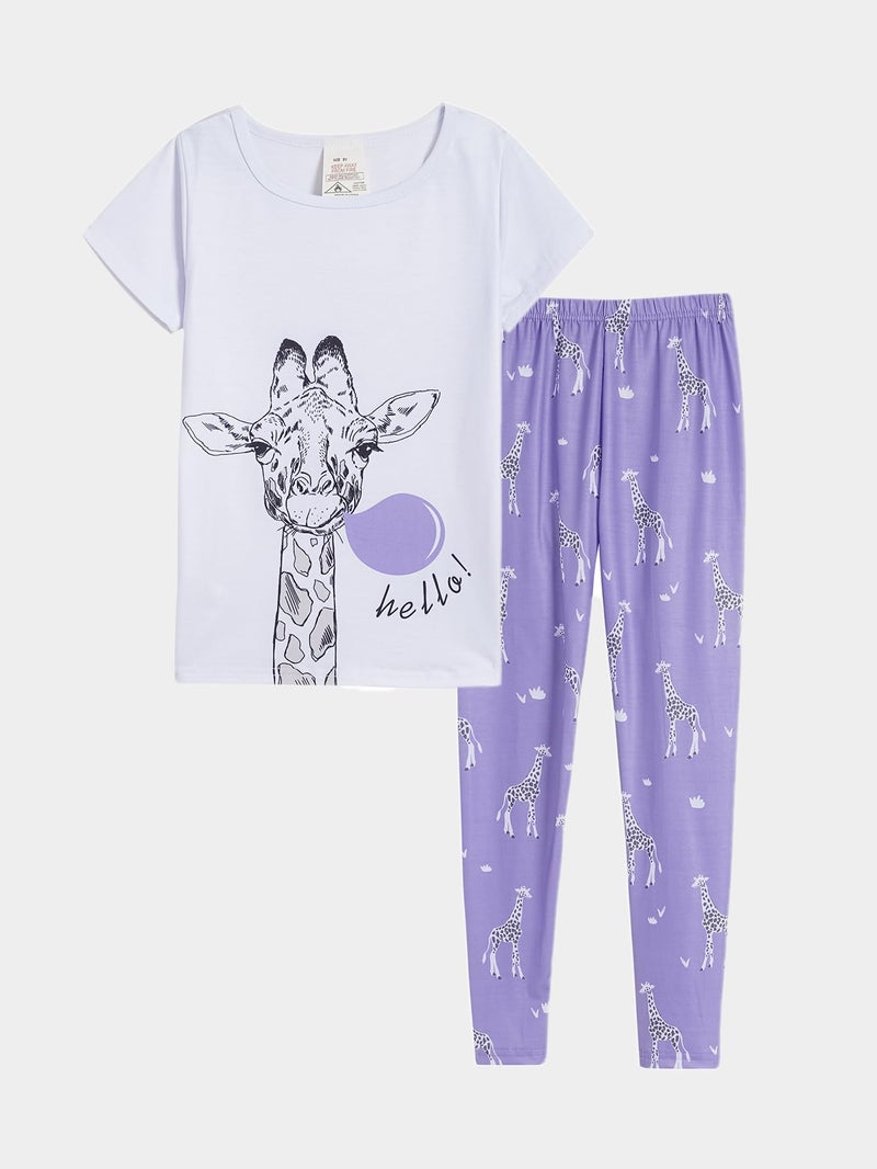 MyFav Girl Pajamas Sleepwear Cute Comfy Short Sleeve Long Pants Girls Pajamas Set Night Clothes,Blue Giraffe,7Y - Image 3