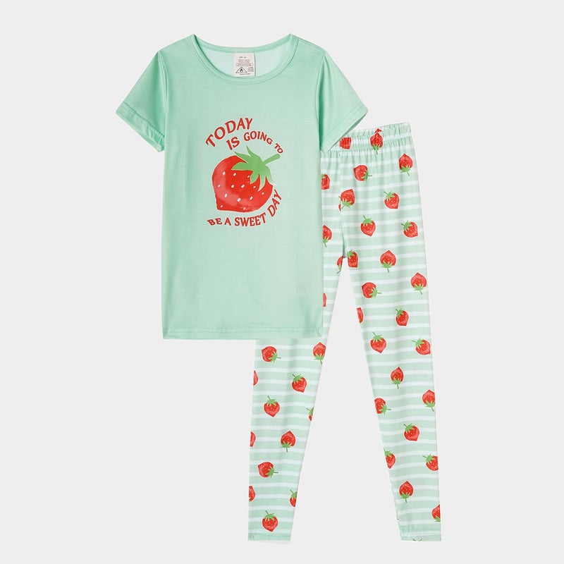 MyFav Girl Pajamas Sleepwear Cute Comfy Short Sleeve Long Pants Girls Pajamas Set Night Clothes,Blue Giraffe,7Y - Image 2