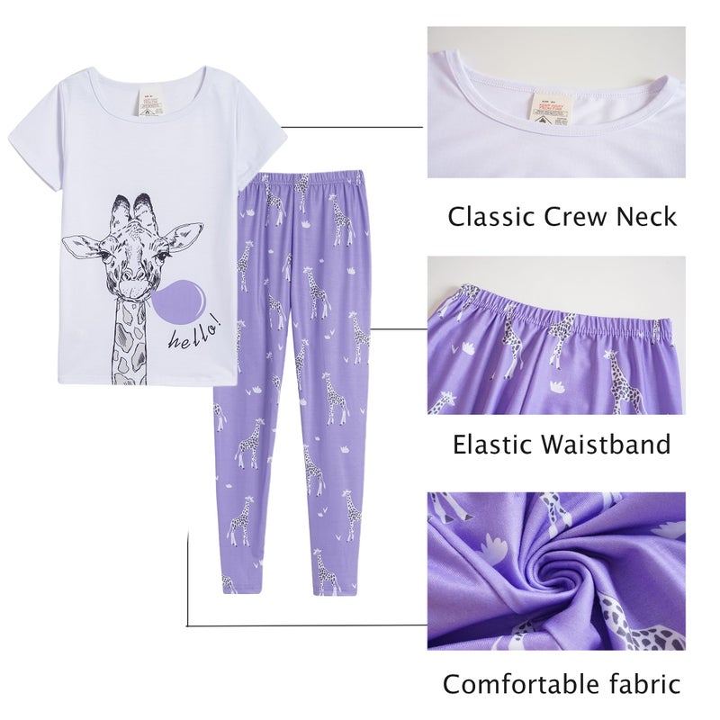 MyFav Girl Pajamas Sleepwear Cute Comfy Short Sleeve Long Pants Girls Pajamas Set Night Clothes,Blue Giraffe,7Y - Image 5