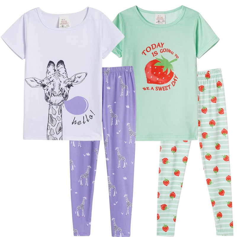 MyFav Girl Pajamas Sleepwear Cute Comfy Short Sleeve Long Pants Girls Pajamas Set Night Clothes,Blue Giraffe,7Y - Image 1