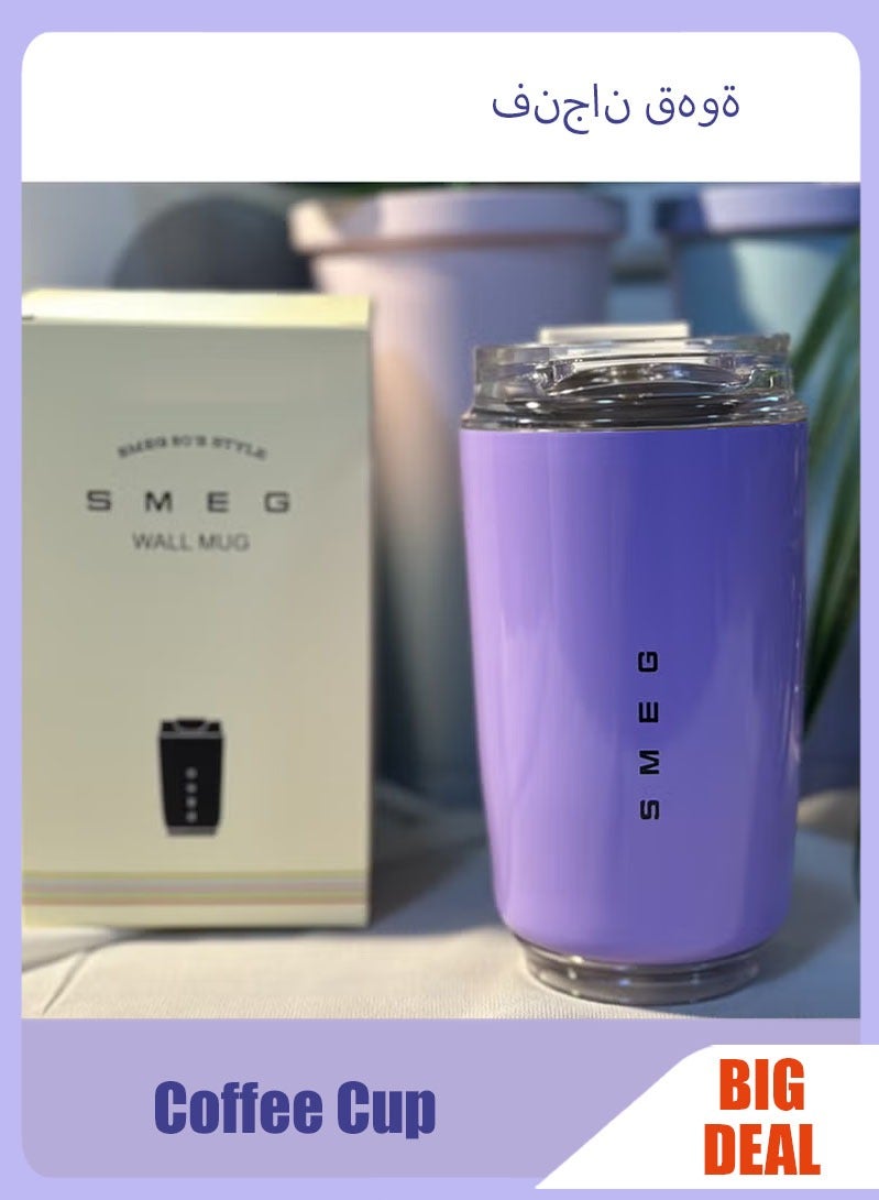 سميج كوب قهوة للسفر smeg، كوب مشروبات معزول بسعة 320 مل مع غطاء مانع للتسرب، كوب قهوة طويل الأمد مع غطاء وقشة، ترمس قهوة للسفر باللون الأرجواني - Image 1