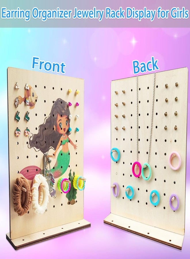 RORANIC Earring Holder Stand for Girls,Earrings Organizer Wood Jewelry Rack Display for Kids,Cute Design Jewelry Holder Stand for Earrings Ear Studs Necklaces Rings (Mermaid) - Image 2