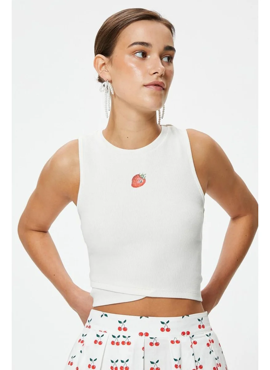 KOTON x Tuba Ünsal - Strawberry Printed Crop Tank Top Asymmetric Cut Slim Fit 4SAK10073UK