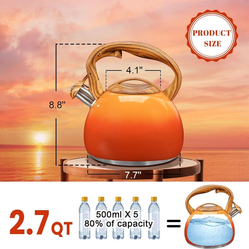 GGC Tea Kettle for Stove Top, 3.1QT/3L Whistling Tea Kettles for Boiling Water, Coffee or Milk, Red Sunset Tea Pot with Wood Pattern Handle, Stainless Steel Tea Pot for Home and Kitchen - Image 2