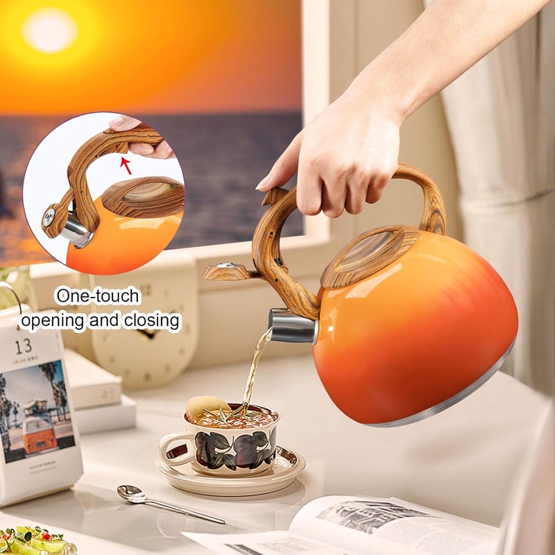 GGC Tea Kettle for Stove Top, 3.1QT/3L Whistling Tea Kettles for Boiling Water, Coffee or Milk, Red Sunset Tea Pot with Wood Pattern Handle, Stainless Steel Tea Pot for Home and Kitchen - Image 5