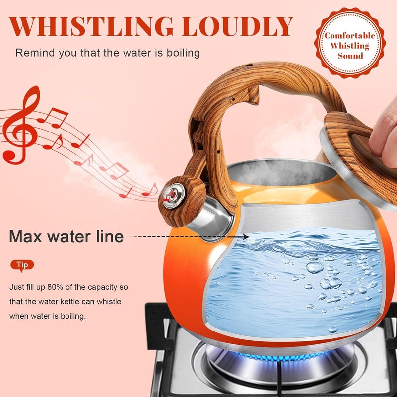GGC Tea Kettle for Stove Top, 3.1QT/3L Whistling Tea Kettles for Boiling Water, Coffee or Milk, Red Sunset Tea Pot with Wood Pattern Handle, Stainless Steel Tea Pot for Home and Kitchen - Image 3