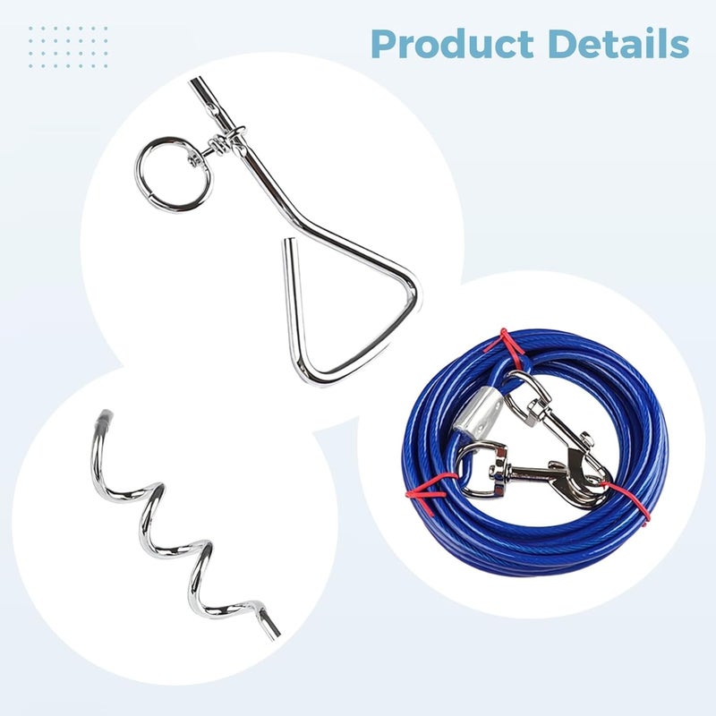 Heavy Duty Dog Tie Out Stake Set, 16.1 In/41 Cm Ground Stake & 16 Ft/5 M Cable, Chrome-Plated Steel - Image 2