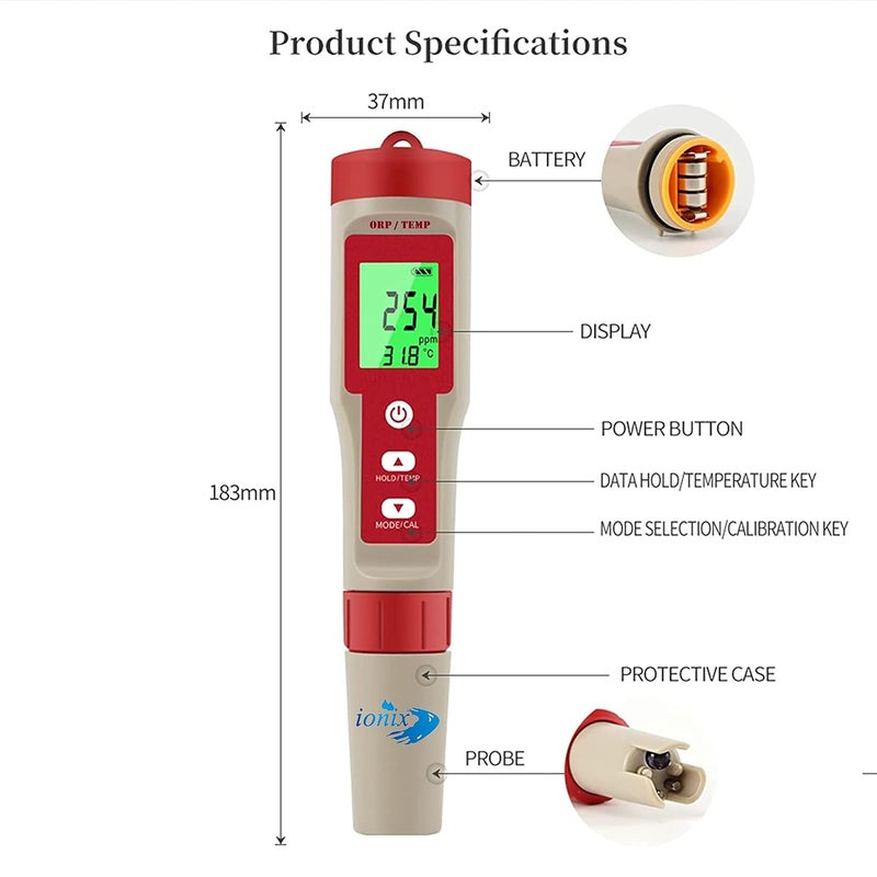 IONIX ORP Meter Oxidation Reduction Detector Redox Tester for Water Purity, water ORP tester, red, 1 Piece - Image 1