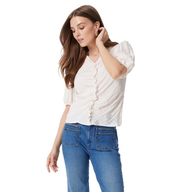 Sam Edelman Women Dakota Puff Short Sleeve Shirred Front Top Standard Gardenia