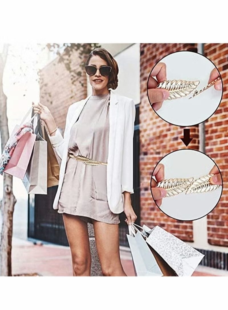 Women Metal Chain Leaves Belt, Skinny Elastic Stretchy Decorative Waistband Adjustable Interlock Buckle for Dress, Jeans, Formal Clothing, Skirts and Pants, 2 Pieces, Silver and Gold - Image 2