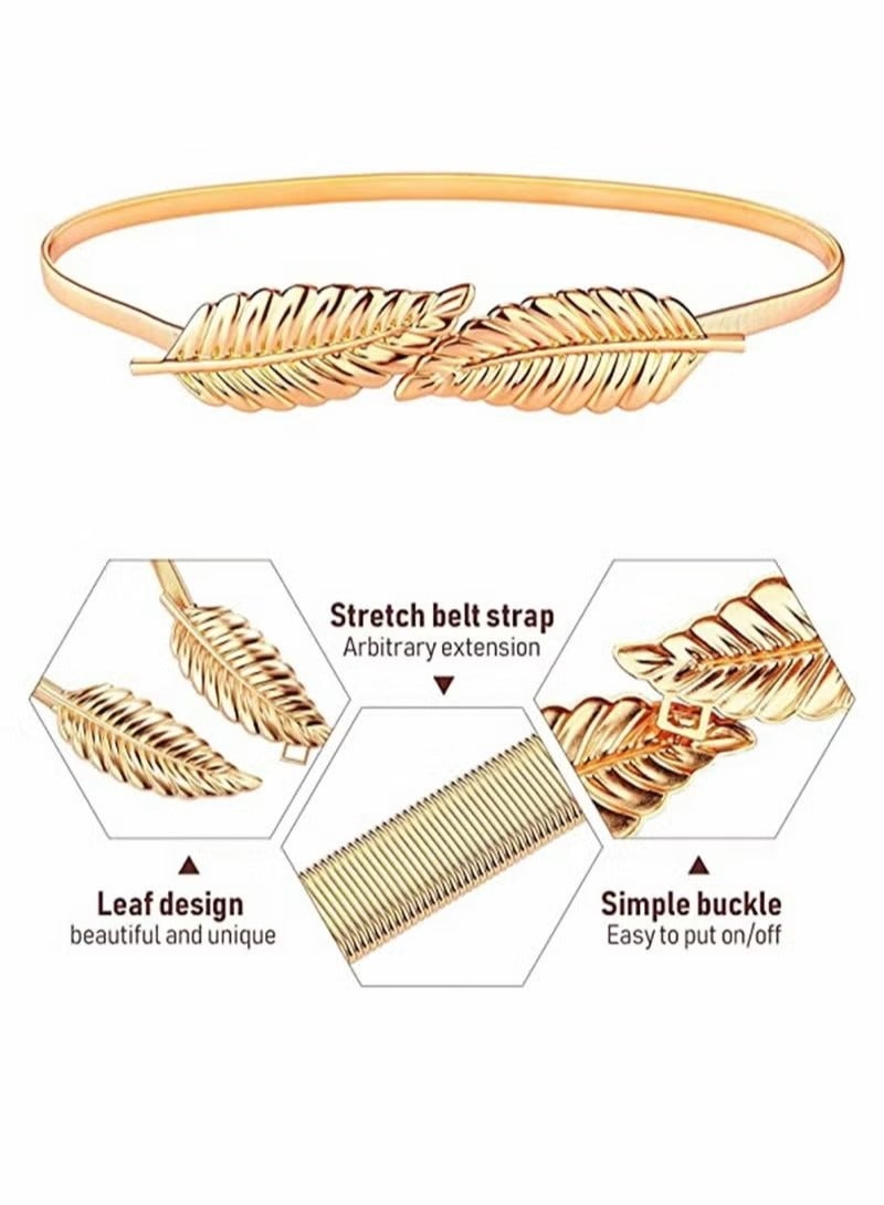 Women Metal Chain Leaves Belt, Skinny Elastic Stretchy Decorative Waistband Adjustable Interlock Buckle for Dress, Jeans, Formal Clothing, Skirts and Pants, 2 Pieces, Silver and Gold - Image 3