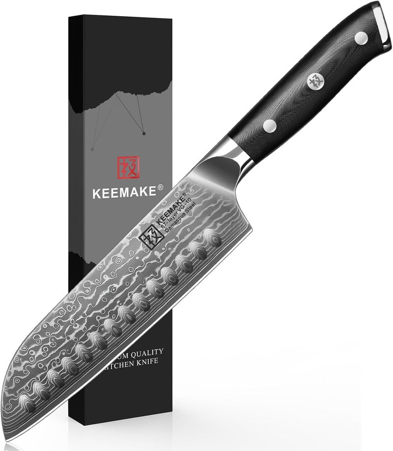 KEEMAKE Santoku Knife 7 inch, Ultra Sharp Damascus Kitchen Knife with Ergonomic Handle, 67-Layer Damascus Steel Knife, Japanese Chef Knife for Sushi Sashimi, Chopping Knife for Fruit Vegetable Meat - Image 1