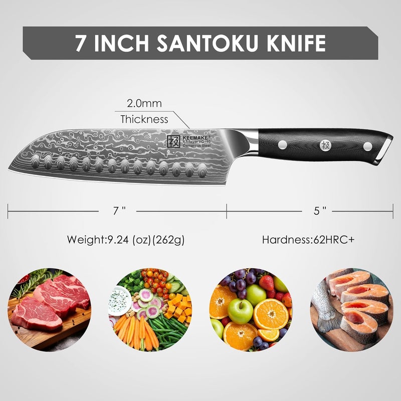 KEEMAKE Santoku Knife 7 inch, Ultra Sharp Damascus Kitchen Knife with Ergonomic Handle, 67-Layer Damascus Steel Knife, Japanese Chef Knife for Sushi Sashimi, Chopping Knife for Fruit Vegetable Meat - Image 2