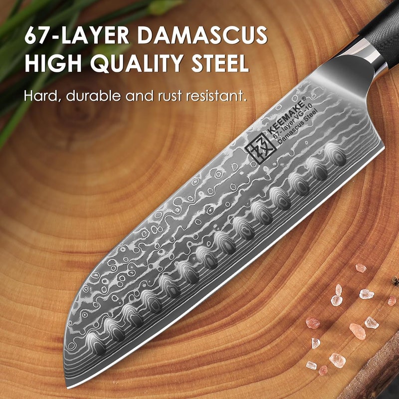 KEEMAKE Santoku Knife 7 inch, Ultra Sharp Damascus Kitchen Knife with Ergonomic Handle, 67-Layer Damascus Steel Knife, Japanese Chef Knife for Sushi Sashimi, Chopping Knife for Fruit Vegetable Meat - Image 3