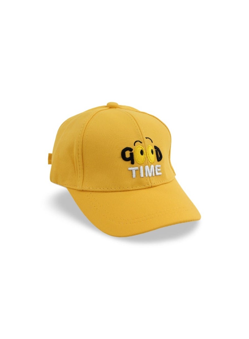 Fancy Unisex Cotton Cap – Yellow with "Good Time" Design - Image 1