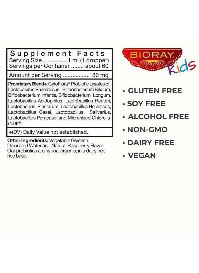 BIORAY - Kids NDF Tummy, Raspberry - 4 fl oz (120 mL) - 11-Strain Probiotic Blend - Supports The Immune Response in The GI Tract - Non-GMO, Vegan, Gluten Free - Approx. 120 Servings - Image 1