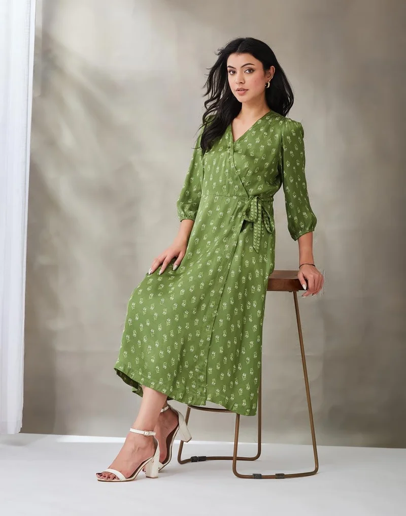 فاب انديا Green Rayon Blend Hand Block Printed Camelia Wrap Midi Dress