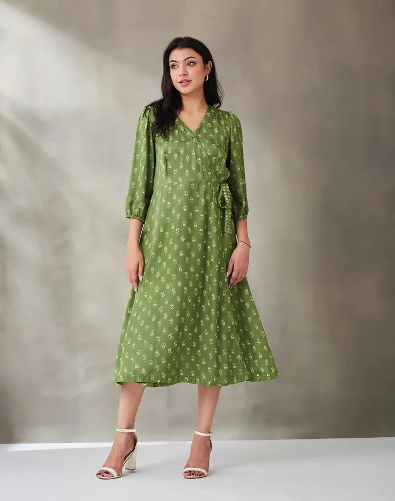 فاب انديا Green Rayon Blend Hand Block Printed Camelia Wrap Midi Dress