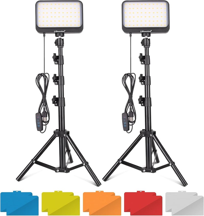 UBeesize LED Video Light Kit, 2Pcs Dimmable Continuous Portable Photography Lighting with Adjustable Tripod Stand & 5 Color Filters for Tabletop/Low-Angle Shooting, for Zoom, Game Streaming, YouTube - Image 1
