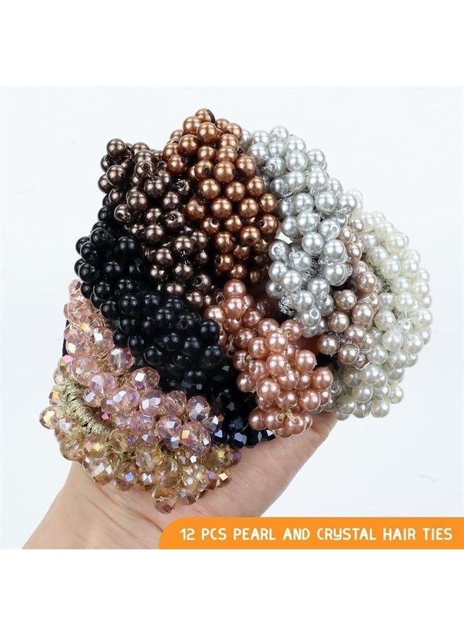 Cinaci 12 Pack Glitter Pearl Crystal Hair Scrunchies Stretchy Hair Ties Elastics Rubber Bands Ponytail Holders Hairbands Accessories for Women Girls Multi-colored 