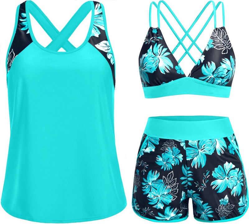 Daci Blue Floral Women 3 Piece Tankini Swimsuits - Tummy Control Tank Top with Bra Modest Bathing Suit with Pockets Boyshorts Bottom 2026 L - Image 1