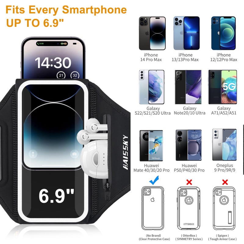 HAISSKY Running Armband with Earphone Bag Cell Phone Armband for iPhone 17 16 15 Pro 14 Plus 13 11 XR, Galaxy S24/S10 Water Resistant Sports Phone Holder Case & Zipper Slot Car Key Holder for 6.9 inch Phone - Image 3