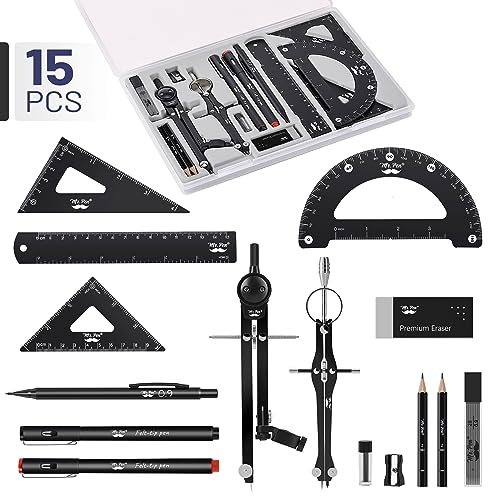 Mr. Pen Mr Pen Professional Geometry Set 15 pcs Drafting Tools with Protractor Compass Metal Ruler Triangles Pens Pencils Complete Geometry Drafting Kit for Architects Engineers Students - Image 3