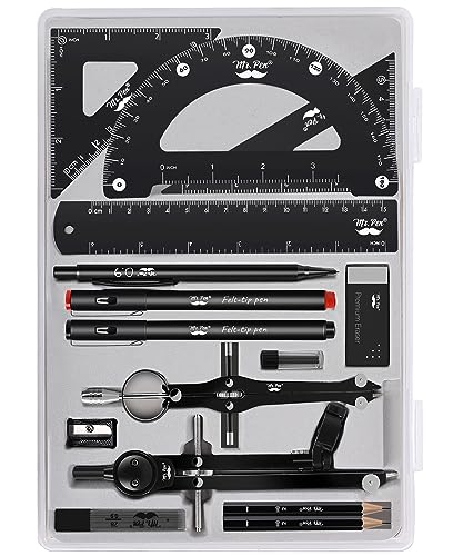 Mr. Pen Mr Pen Professional Geometry Set 15 pcs Drafting Tools with Protractor Compass Metal Ruler Triangles Pens Pencils Complete Geometry Drafting Kit for Architects Engineers Students - Image 1