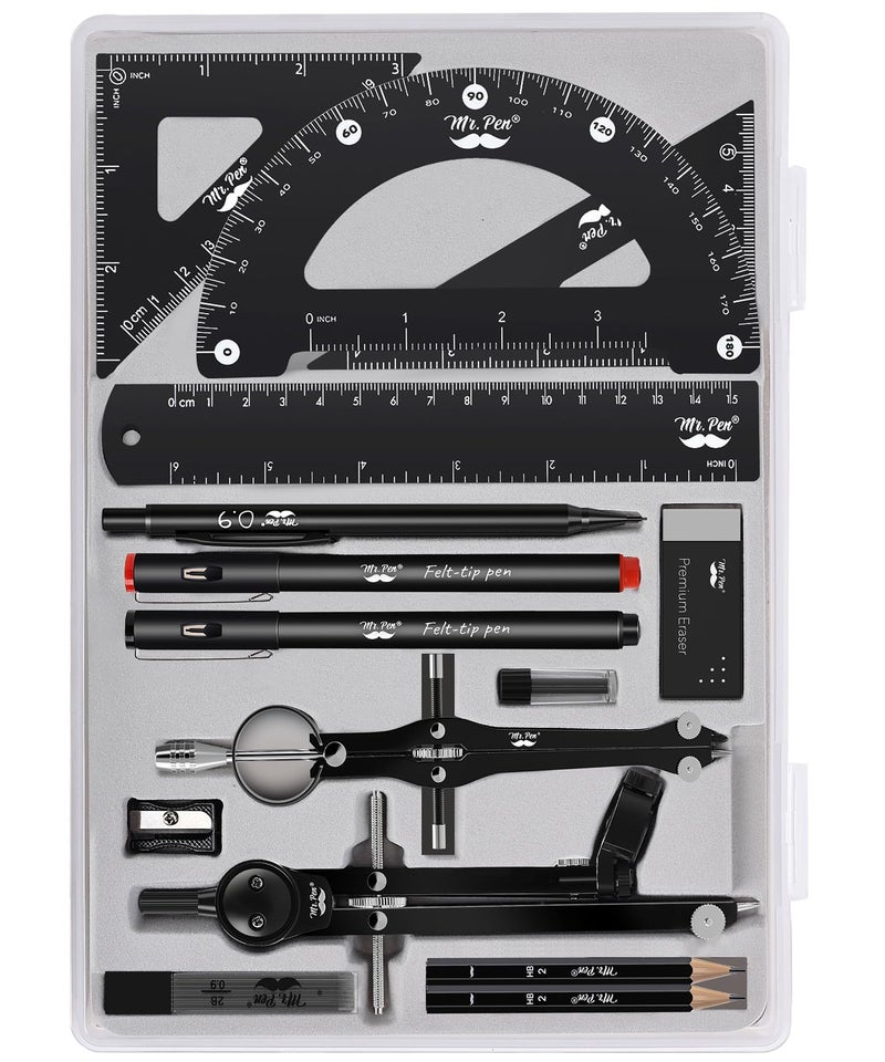 Mr. Pen Mr Pen Professional Geometry Set 15 pcs Drafting Tools with Protractor Compass Metal Ruler Triangles Pens Pencils Complete Geometry Drafting Kit for Architects Engineers Students - Image 2