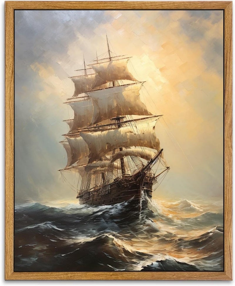 KBKBART مؤطر الفن الجدار الفن لغرفة المعيشة قوارب الإبحار في غروب الشمس ألوان مائية الطلاء الزيت على القماش عتيقة المطبوعات الفنية الساحلية للديكور الجدران المركب الشراعي المناظر الطبيعية ديكور المنزل (8 "" x10 "") - Image 1