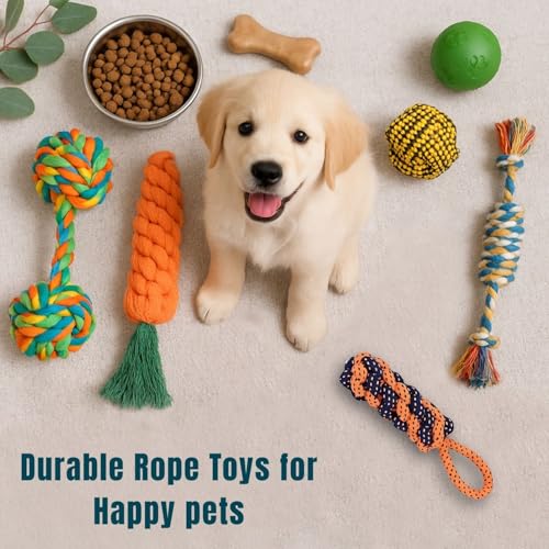 BUSZBO Dog Rope Toys for Large & Medium Aggressive Chewers | Heavy-Duty Indestructible Natural Cotton Tug & Chew Rope Toys with Easy-Hold Handle | Durable Dog Chew Toys | Set of 5 - Image 2