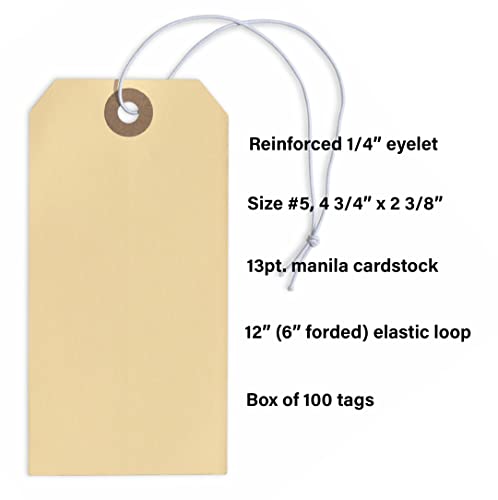 EZDOM Tags with Elastic String Attached - #5, 4 3/4" x 2 3/8" Box of 100 Manila Paper Label Tags with Elastic Loop and Reinforced Hole - Image 3