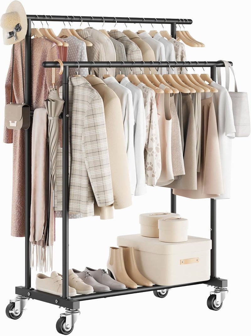 Calmootey Double Rod Clothing Garment Rack,Rolling Hanging Clothes Rack,Portable Clothes Organizer for Bedroom,Living Room,Clothing Store,Black - Image 2