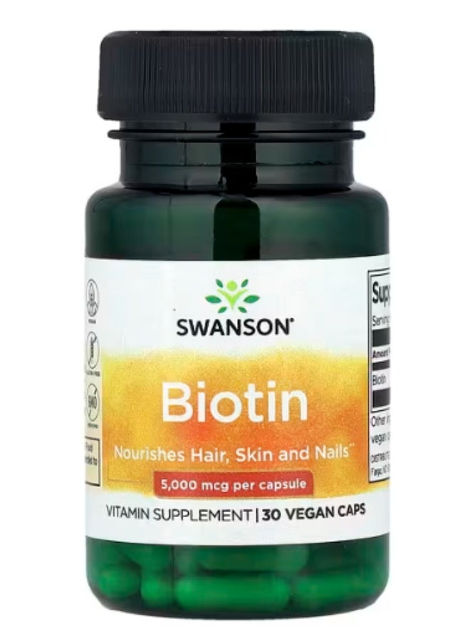 Swanson, Biotin, 5,000 mcg, 30 Vegan Caps