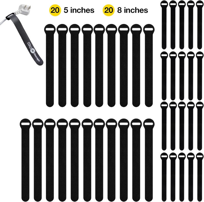 Wrap-It Storage Self-Gripping Cable Ties by , Black, 40 Pack (5 Inch and 8 Inch Straps) – Reusable Hook and Loop Cord Organizer Cable Ties for Cord Management and Desk or Office Organization - Image 3