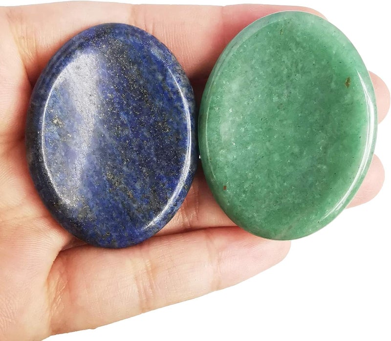Lapis Lazuli and Green Aventurine Thumb Worry Stone, Stress Relax Healing Reiki Crystal Pocket Palm Stones,Pack of 2