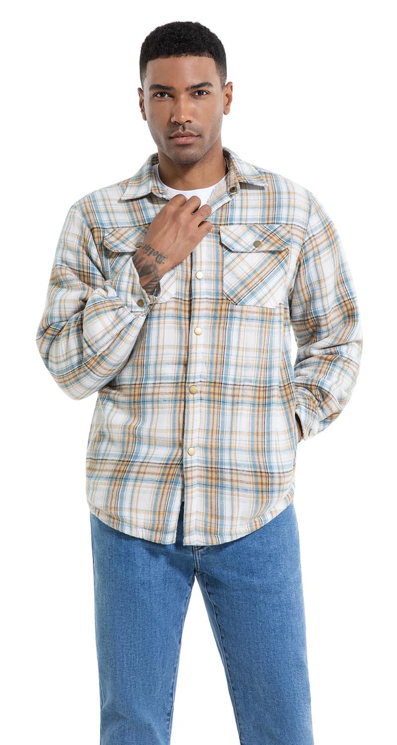 Puwasa Men's Fleece Lined Plaid Flannel Shirt Jacket Long Sleeve Button Down Coat for Men Light Blue Medium - Image 3